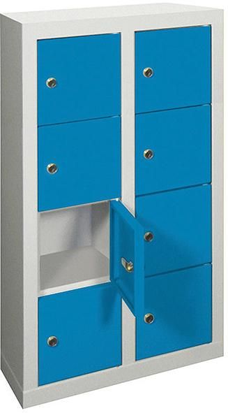 Kleinfach-Wandschrank H815xB460xT200 mm 2x4 Fächer RAL7035/5010 Türen glatt